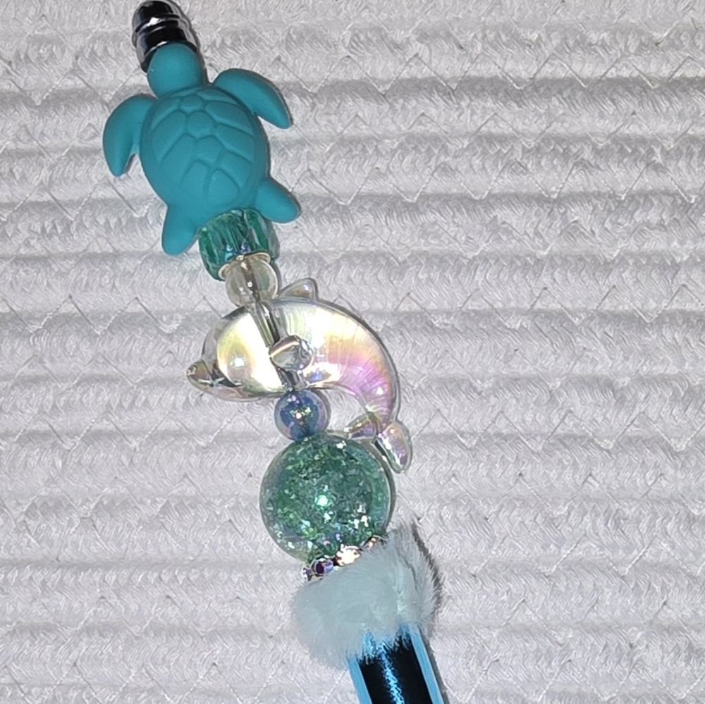 Turquoise Turtle  And Dolphin Glam Beaded Pen